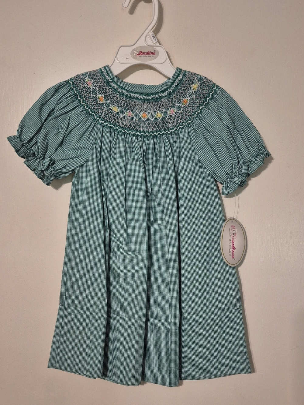 Green Gingham Smocked Bishop Dress with Pastel Diamond Embroidery- 12mos NWT